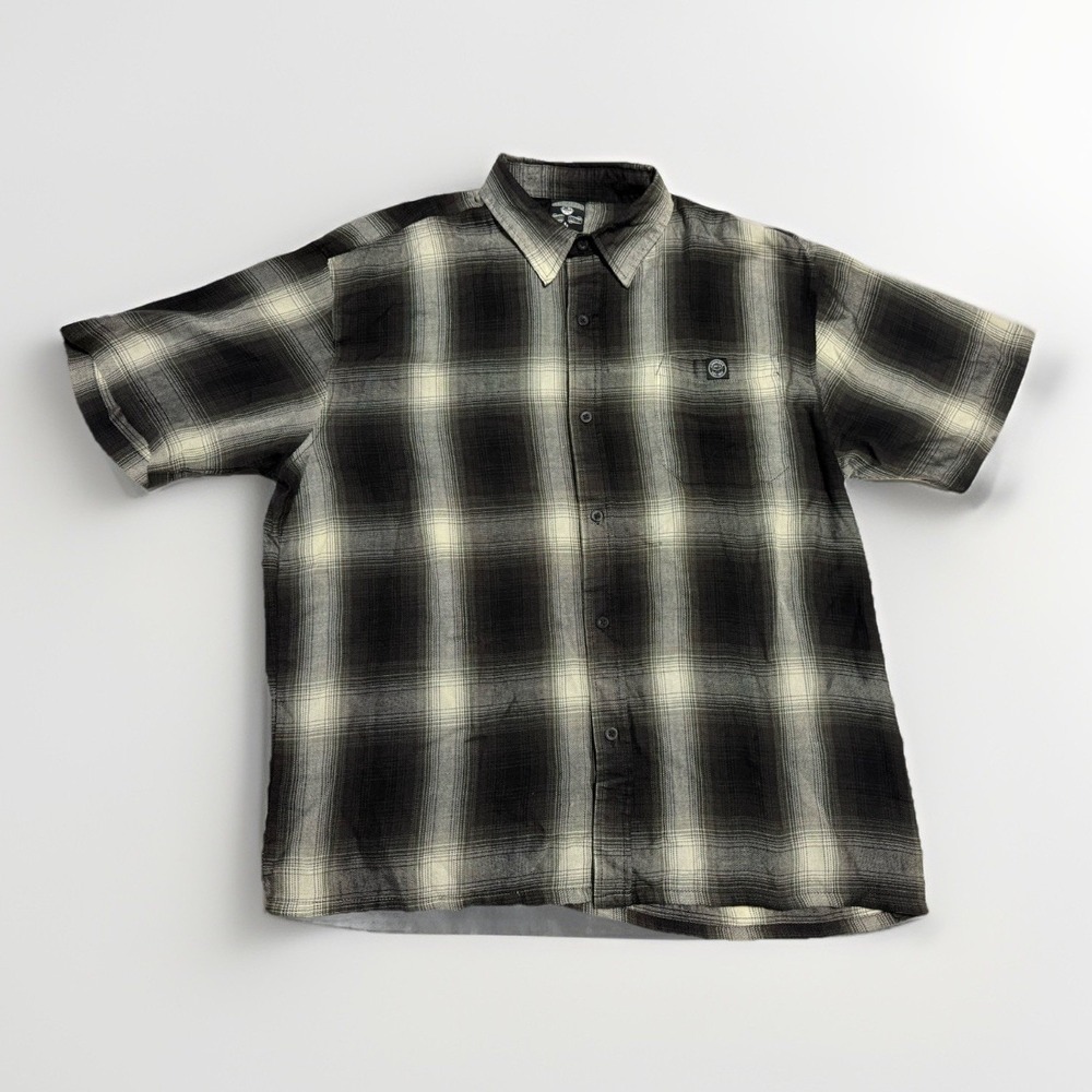 Lowrider Brand Plaid Short Sleeve Shirt Men L‎ Black Cream Chicano West Coast OG